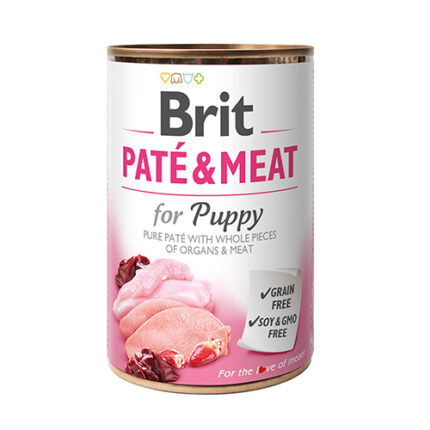 Alimento húmedo en lata para cachorro sabor Pate & Meat Salmón marca Brit.