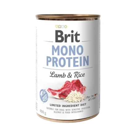 Alimento húmedo en lata para perro sabor cordero y arroz marca brit.