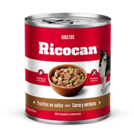 Con los trocitos en salsa sabor a carne y verduras para perros adultos de la marca Ricocan