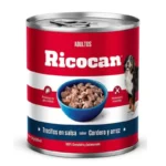 Con los trocitos en salsa sabor a cordero y arroz para perros adultos de la marca Ricocan.