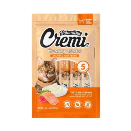 Snack para gatos cremosamente irresistible, hecho con carne real de salmón y atún.