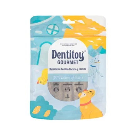 Dentitoy Gourmet Barritas de Camote y Ganado Vacuno 6 Unidades, las barritas deshidratadas que combinan la suavidad del camote con la calidad del ganado vacuno, presentadas en un práctico pack de 6 unidades para un deleite prolongado.