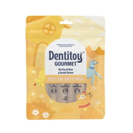 Dentitoy Gourmet Barritas de Pavo y Ganado Vacuno 6 Unidades, las barritas deshidratadas que fusionan la suculencia del pavo con la calidad del ganado vacuno, ofreciendo una delicatesen elaborada con productos de alta calidad.