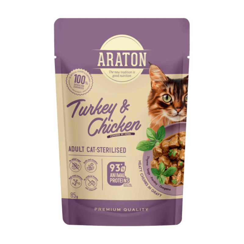 Araton Turkey & Chicken in gravy Gatos Castrados 85gr Araton Turkey & Chicken in gravy Gatos Castrados 85gr - Imagen 1